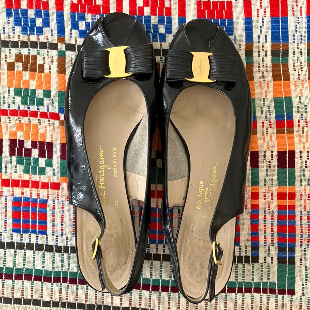 Salvatore Ferragamo Black Patent Leather Bow Slingback Heels with Gold Hardware